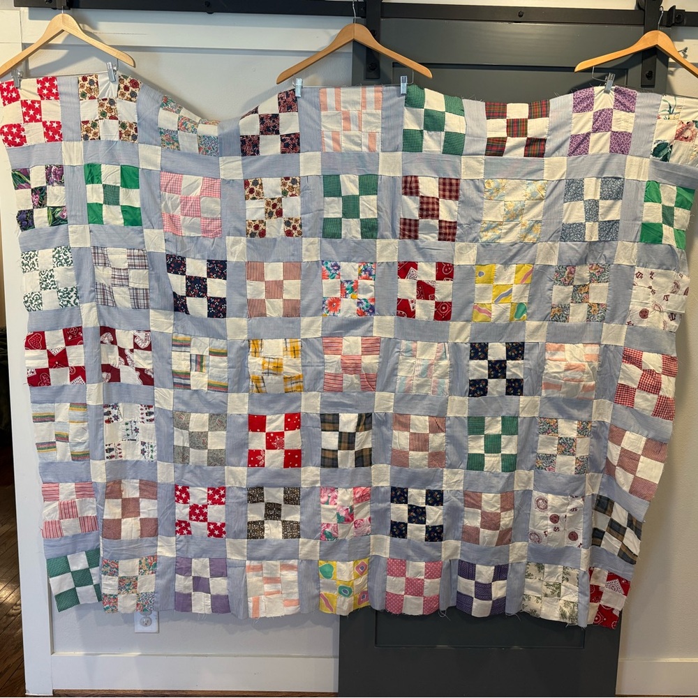 Vintage Patchwork Quilt Top - nine patch 64 x 78 quilt topper